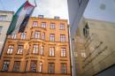 A Palestinian flag hangs outside the Palestinian Representative Office in Stockholm, Sweden capital, on October 30, 2014