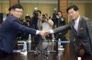 Suh Ho, the head of South Korea's working-level delegation, left, shakes hands with his North Korean counterpart Park Chol Su during their meeting at Tongilgak in North Korean side of Panmunjom which has separated the two Koreas since the Korean War, Saturday, July 6, 2013. Delegates from North and South Korea began talks Saturday on restarting a stalled joint factory park that had been a symbol of cooperation between the bitter rivals. (AP Photo/Korea Pool via Yonhap) KOREA OUT