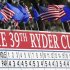Flags fly on the main scoreboard during a practice round at the 39th Ryder Cup golf matches at the Medinah Country Club in Medinah