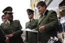 Bolivian police Colonel Mario Fabricio Ormachea Aliaga attends a ceremony in La Paz