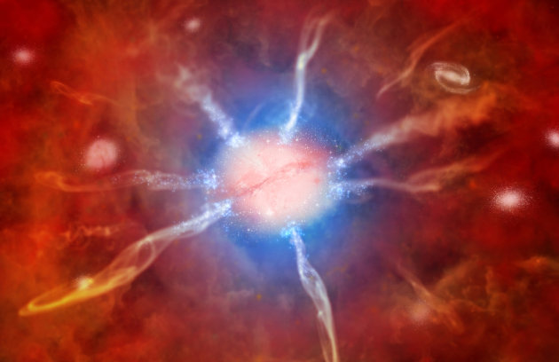 This undated handout artist illustration provided by NASA shows a cosmic supermom. It's a galaxy that gives births to more stars in a day than ours does in a year. Astronomers used NASA's X-Ray telescope to spot this distant galaxy creating about 740 new stars a year. By comparison our Milky Way galaxy spawns just about one new star each year. This new galaxy is about 5.7 billion light years away. It is in the center of a recently discovered cluster of galaxies that give the brightest x-ray glow astronomers have seen. The study appears Wednesday in the journal Nature. (AP Photo/NASA)
