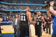 MEMPHIS, TN - MAY 25: Tim Duncan #21 and Tony Parker #9 of the San Antonio Spurs congratulate eachother against the Memphis Grizzlies in Game Three of the Western Conference Finals during the 2013 NBA Playoffs on May 25, 2013 at FedEx Forum in Memphis, Tennessee. (Photo by Jesse D. Garrabrant/NBAE via Getty Images)