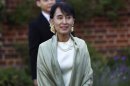 Myanmar pro-democracy leader Aung San Suu Kyi arrives for a reception at Oxford University