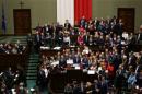 Polish opposition parliamentarians protest against the rules proposed by the head office of the Sejm, the lower house of parliament in the Parliament in Warsaw