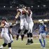 Atlanta Falcons tight end Michael Palmer, center right, celebrates his touchdown with tight end Tony Gonzalezduring the fourth quarter of an NFL football game against the Detroit Lions at Ford Field in Detroit, Saturday, Dec. 22, 2012. (AP Photo/Rick Osentoski)