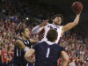 Gonzaga's Elias Harris fights for a rebound against San Diego during the first half of an NCAA basketball game in Spokane, Wash., on Saturday, Feb. 23, 2013. (AP Photo/Young Kwak)