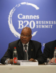 South African President Jacob Zuma attends a business leaders meeting before the G20 summit in Cannes, Thursday, Nov. 3, 2011. (AP Photo/Michel Spingler)