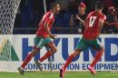 Morocco's El Arrabi Youssef (L) celebrates after scoring a goal during the African Cup of Nations qualifiying football match against Cape Verde, on March 29, 2016