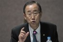 U.N. Secretary-General Ban Ki-moon talks during a meeting with representatives of the People's Summit in Rio de Janeiro