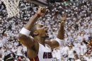 Miami Heat's Bosh celebrates after the Heat defeated the Oklahoma City Thunder in Game 5 of the NBA basketball finals in Miami
