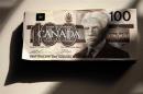 Canadian one hundred dollar bills are displayed in Toronto