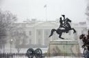 The statue of President Andrew Jackson at the Battle of New Orleans, sculpted in 1853 by Clark Mill sits in the falling snow in Lafayette Park across the street from the White House in Washington, Monday, March 3, 2014. The winter weather prompted area schools and the federal government to close and the National Weather Service has issued a Winter Storm Warning for the greater Washington Metropolitan region. (AP Photo/Pablo Martinez Monsivais)