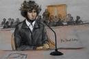 In this courtroom sketch, Boston Marathon bombing suspect Dzhokhar Tsarnaev is depicted sitting in federal court in Boston Thursday, Dec. 18, 2014, for a final hearing before his trial begins in January. Tsarnaev is charged with the April 2013 attack that killed three people and injured more than 260. He could face the death penalty if convicted. (AP Photo/Jane Flavell Collins)