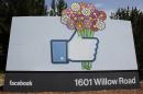 FILE - In this Sunday, May 13, 2012, file photo, flowers are added to a Facebook sign in front of Facebook headquarters in Menlo Park, Calif. (AP Photo/Paul Sakuma, File)