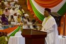 Niger's newly elected president Mahamadou Issoufou delivers a speech during his swearing-in ceremony on April 2, 2016 at the Palais des Congres in Niamey