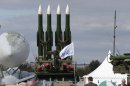 Russian air defense missile system Buk-M2 is on display at the opening of the MAKS Air Show in Zhukovsky outside Moscow on Tuesday, Aug. 27, 2013. Russia has supplied similar missiles to Syria. (AP Photo/Ivan Sekretarev)