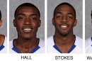 These undated images provided by Hofstra Athletics Communications show, from left, Hofstra University basketball players Dallas Anglin, Jimmy Hall, Shaquille Stokes and Kentrell Washington. The players were arrested on burglary charges stemming from six break-ins of Long Island campus dormitory rooms, police said Friday, Nov. 30, 2012. They were facing arraignment Friday in district court. (AP Photo/Hofstra Athletics Communications)