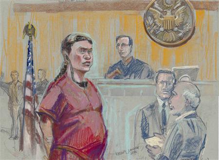 In this artist's sketch, Alejandrina Gisselle Guzman-Salazar (L) stands before U.S. magistrate Jan Adler in U.S. Federal court in San Diego in this October 25, 2012 file image. Guzman-Salazar, believed to be the daughter of notorious Mexican drug lord Joaquin "El Chapo" Guzman, leader of the powerful Sinaloa drug cartel, has pleaded guilty to using a false passport and was deported before she could deliver her child, court records show. .REUTERS/Krentz Johnson/Files
