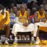 Los Angeles Lakers forward Metta World Peace, from left, guard Kobe Bryant and forward Antawn Jamison sit on the bench during the second half of their NBA basketball game against the Oklahoma City Thunder, Friday, Jan. 11, 2013, in Los Angeles. The Thunder won 116-101. (AP Photo/Mark J. Terrill)