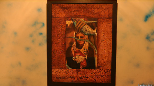 فنانون ومصممون بارزون في الهند يحتجون على ظاهرة الاعتداء الجنسي في معرض تحت اسم 'قاوم'، وهذه لوحة للفنانة انجولي إيلا مينون تحت عنوان 'العار'.