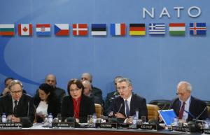 Georgia&#39;s Minister of Defence Tinatin Khidasheli and NATO Secretary General Jens Stoltenberg address a NATO-Georgia Commission defense ministers meeting at the Alliance&#39;s headquarters in Brussels
