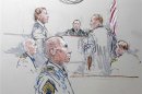 Army Staff Sergeant Robert Bales, his attorney John Henry Browne, Judge Col. Jeffery R. Nance and prosecutor Major Rob Stelle are seen in a courtroom sketch as he is arraigned