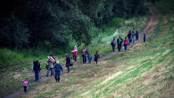 A group of migrants from Syria walk towards the border with Hungary, near the northern Serbian village of Martonos on June 25, 2015