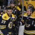Bruins' Bergeron and Marchand celebrate after the Bruins defeated the Penguins on Bergeron's game-winning goal in double overtime in Game 3 of their NHL Eastern Conference finals hockey playoff series in Boston