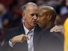 FILE - I(n this Oct. 17, 2012 file photo, Philadelphia 76ers coach Doug Collins, left and Cleveland Cavaliers coach Byron Scott talk before the start of their NBA preseason basketball game in Philadelphia. The Cavaliers have fired Scott after three losing seasons. Collins has resigned after three seasons. (AP Photo H. Rumph Jr., File)