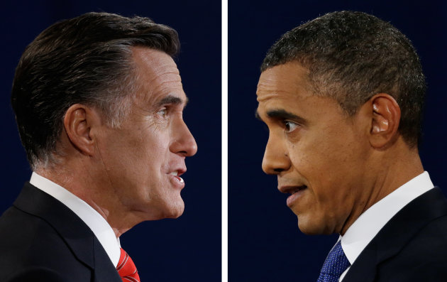 In a photo combo, Republican presidential nominee Mitt Romney and President Barack Obama speak during the first presidential debate at the University of Denver, Wednesday, Oct. 3, 2012, in Denver. (AP Photo/David Goldman/Eric Gay)