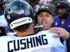 Baltimore Ravens head coach John Harbaugh hugs Houston Texans Brian Cushing after win