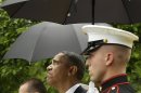 President Barack Obama, accompanied by Turkish Prime Minister Recep Tayyip Erdogan checks for rain during their joint news conference in the Rose Garden of the White House in Washington, Thursday, May 16, 2013. (AP Photo/Pablo Martinez Monsivais)