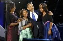 U.S. President Obama celebrates with the first family at their election night victory rally in Chicago
