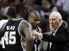San Antonio Spurs head coach Gregg Popovich, right, talks to DeJuan Blair (45) and Gary Neal (14) during a time out in the first half of an NBA basketball game against the Miami Heat, Thursday, Nov. 29, 2012, in Miami. (AP Photo/Alan Diaz)
