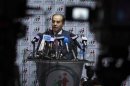Jibril, head of the National Forces Alliance, talks during a news conference at his party's headquarters in Tripoli