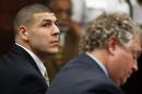 FILE - In this Wednesday, May 28, 2014, file photo, former New England Patriots tight end Aaron Hernandez listens to the prosecution's summary of facts as he is arraigned on homicide charges at Suffolk Superior Court in Boston. Hernandez is due in court for a hearing in a Boston case accusing him of the 2012 drive-by slayings of two men Tuesday, June 24, 2014. Hernandez has pleaded not guilty to killing Daniel de Abreu and Safiro Furtado after a casual nightclub encounter. (AP Photo/Dominick Reuter, Pool, File)