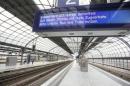 A sign announces rail service interruption due to a train drivers' union GDL strike at the Spandau station in Berlin