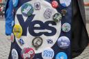 A selection of pro-independence badges are seen on a supporter's bag in Aberdeen in Scotland on September 17, 2014