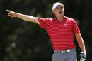 Jordan Spieth yells after hitting his drive on the fifth tee into the crowd during the second round of play at The Barclays golf tournament Friday, Aug. 28, 2015, in Edison, N.J. (AP Photo/Adam Hunger)