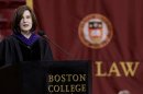 Victoria Kennedy, the widow of U.S. Sen. Edward M. Kennedy, D-Mass., delivers the commencement address to Boston College Law School graduates in Boston, Friday, May 25, 2012. Kennedy was originally scheduled to speak at this year's Anna Maria College's commencement but the invitation was withdrawn under pressure from Bishop Robert McManus who objected to Kennedy's public support for abortion rights. (AP Photo/Stephan Savoia)