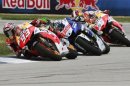 Honda MotoGP rider Marquez leads Yamaha rider Lorenzo and Honda rider Pedrosa during the Indianapolis Grand Prix