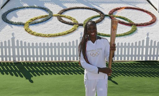 Venus Williams of the U.S. poses with the Olympic Torch on Murray Mound at the All England Lawn Tennis Club before the start of the London 2012 Olympic Games in London