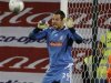 Stoke City's goalkeeper Sorensen celebrates after saving a penalty from Tottenham Hotspur's Luongo during a penalty shootout to win their English League Cup soccer match at the Britannia Stadium in Stoke