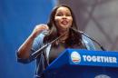 Lindiwe Mazibuko, parliamentary leader of the Democratic Alliance (DA), the main South African opposition party, delivers a speech at the Belleville Velodrome on April 26, 2014 in Cape Town