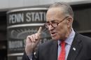 Sen. Charles Schumer, D-N.Y., left, speaks during a news conference outside New York's Penn Station, Friday, May 15, 2015. Schumer and Sen. Richard Blumenthal, D-Conn., will launch a major push to get Congress to prioritize rail safety in 2015. Their campaign comes in the wake of a tragic Amtrak derailment in Philadelphia on Tuesday night that killed at least eight passengers and injured over 200. (AP Photo/Mark Lennihan)