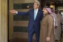 Bahrain's King Hamad bin Isa Al Khalifa greets U.S. Secretary of State John Kerry before a meeting in Sharm el-Sheikh