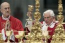 Pope Benedict XVI flanked by Cardinal Tardisio Bertone conducts the holy mass of Pentecost Sunday in Saint Peter's Basilica at the Vatican