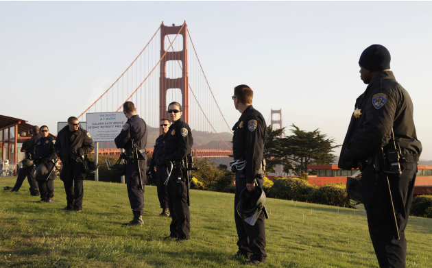 previous California Highway Patrol members stand watch at the Golden Gate 