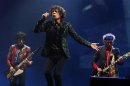 Ronnie Wood, Mick Jagger and Keith Richards of the Rolling Stones perform on the Pyramid Stage at Glastonbury music festival at Worthy Farm in Somerset