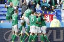 Northern Ireland's players celebrate after Niall Mcginn scored, during the Euro 2016 Group C soccer match between Ukraine and Northern Ireland at the Grand Stade in Decines-­Charpieu, near Lyon, France, Thursday, June 16, 2016. (AP Photo/Laurent Cipriani)